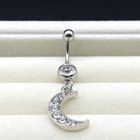 316L Stainless Steel with White Diamond Cubic Zirconia Crescent Moon Belly Ring - Picture 4 of 7